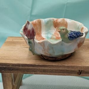 Ceramic Bird Accent Bowl in Aqua, Orange, Green